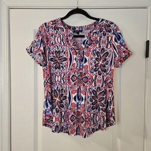 Sami & Jo Multicolor Shortsleeve With Snap Woman's Top Size Small With Stretch